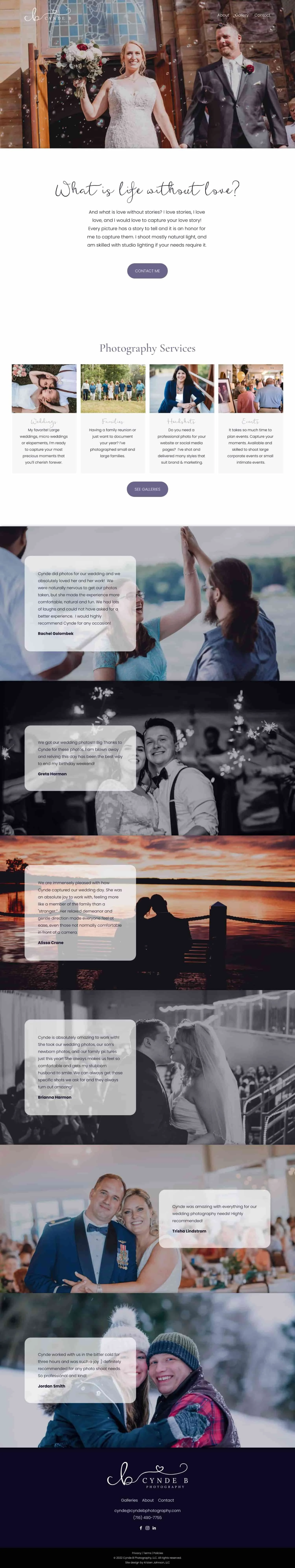 A screenshot of the home page of Cynde B Photography's website, designed by Kristen Johnson