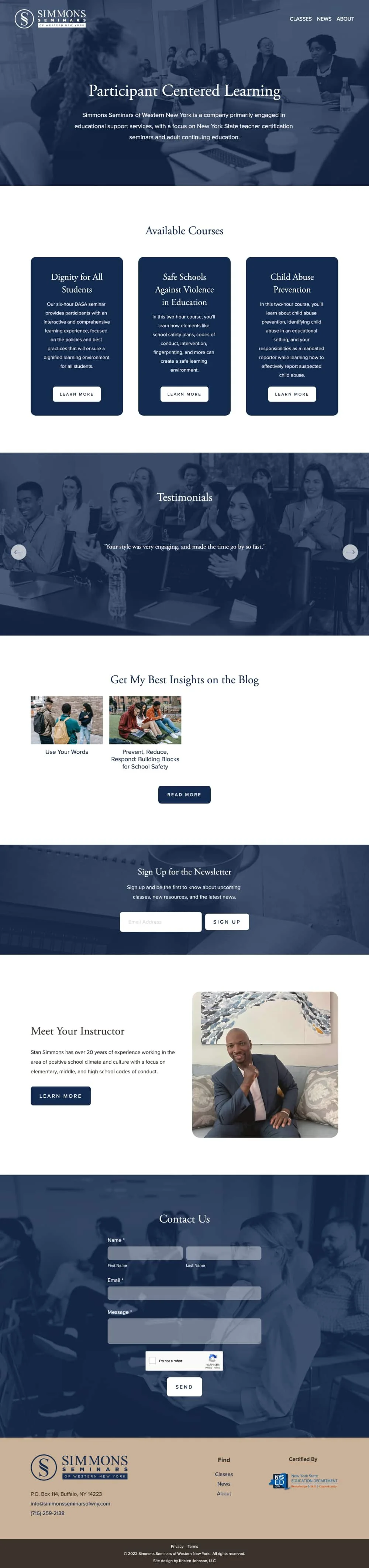 A screenshot of Stan Simmon's new website home page, designed by Kristen Johnson