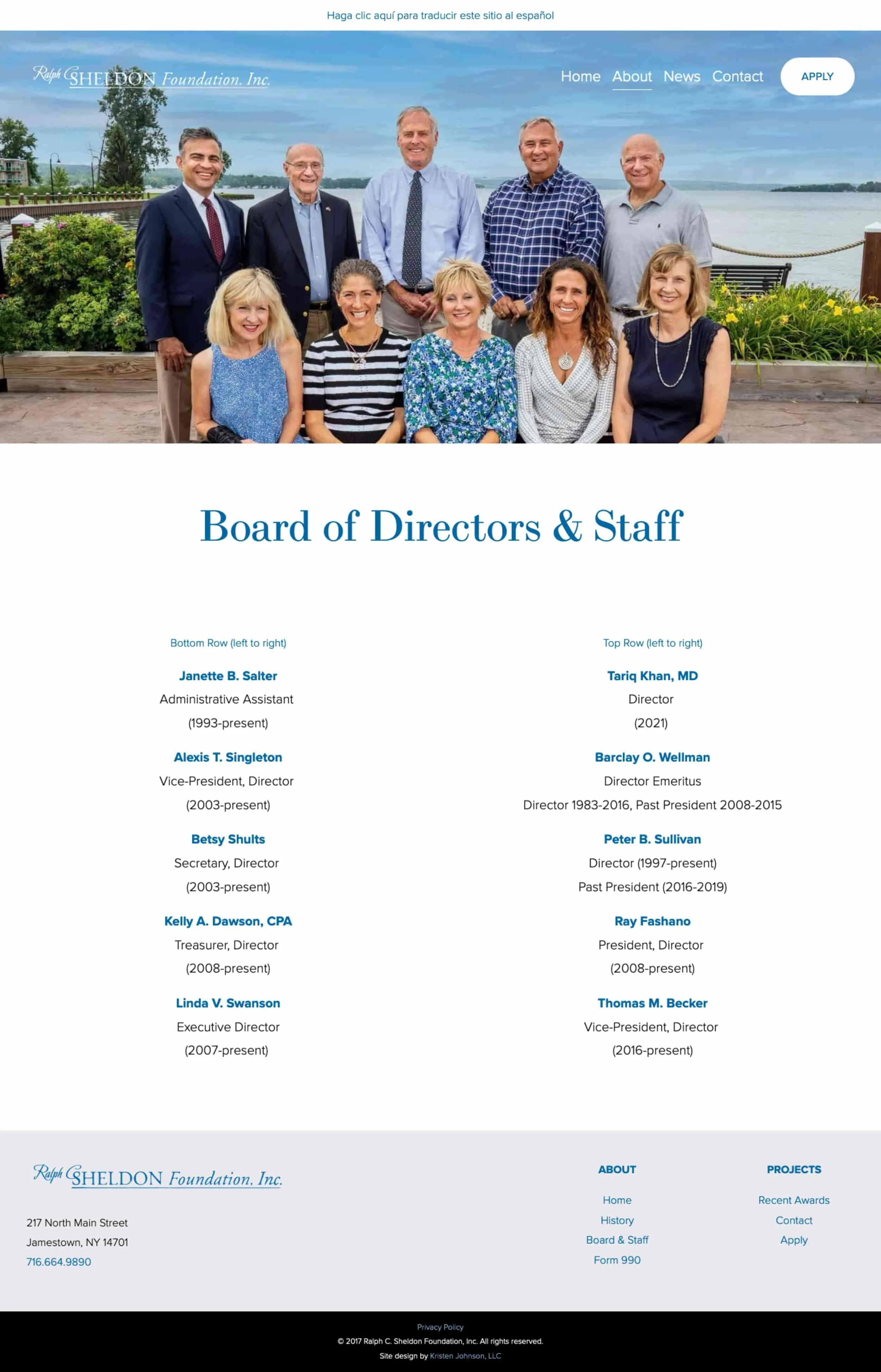 A screenshot of the Sheldon Foundation's new Board & Staff web page