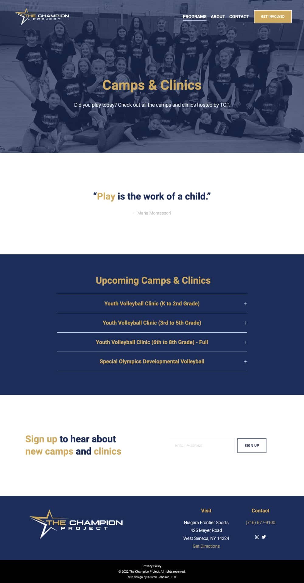 A screenshot of the Camps & Clinics page on The Champion Project's new website