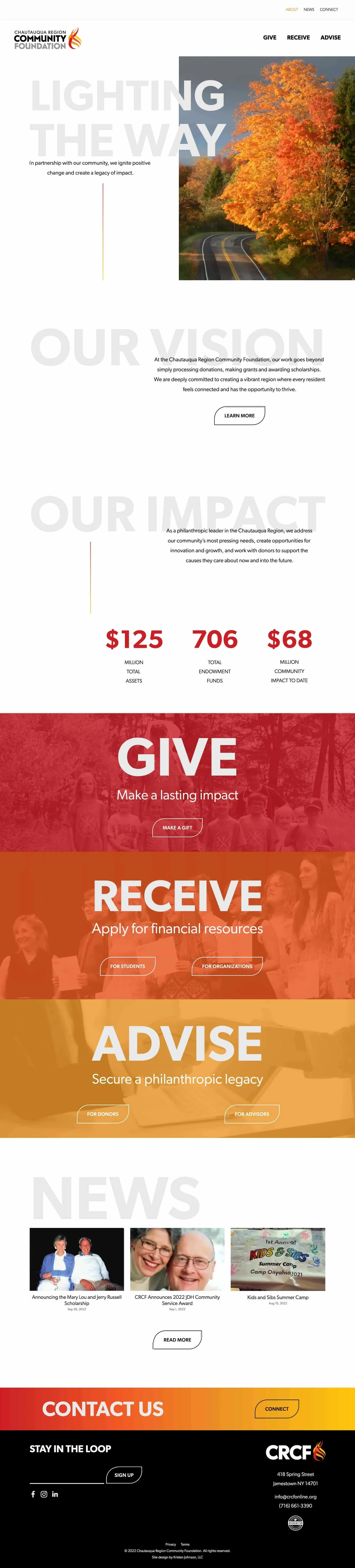 A screenshot of the new website for Chautauqua Region Community Foundation, designed by Kristen Johnson