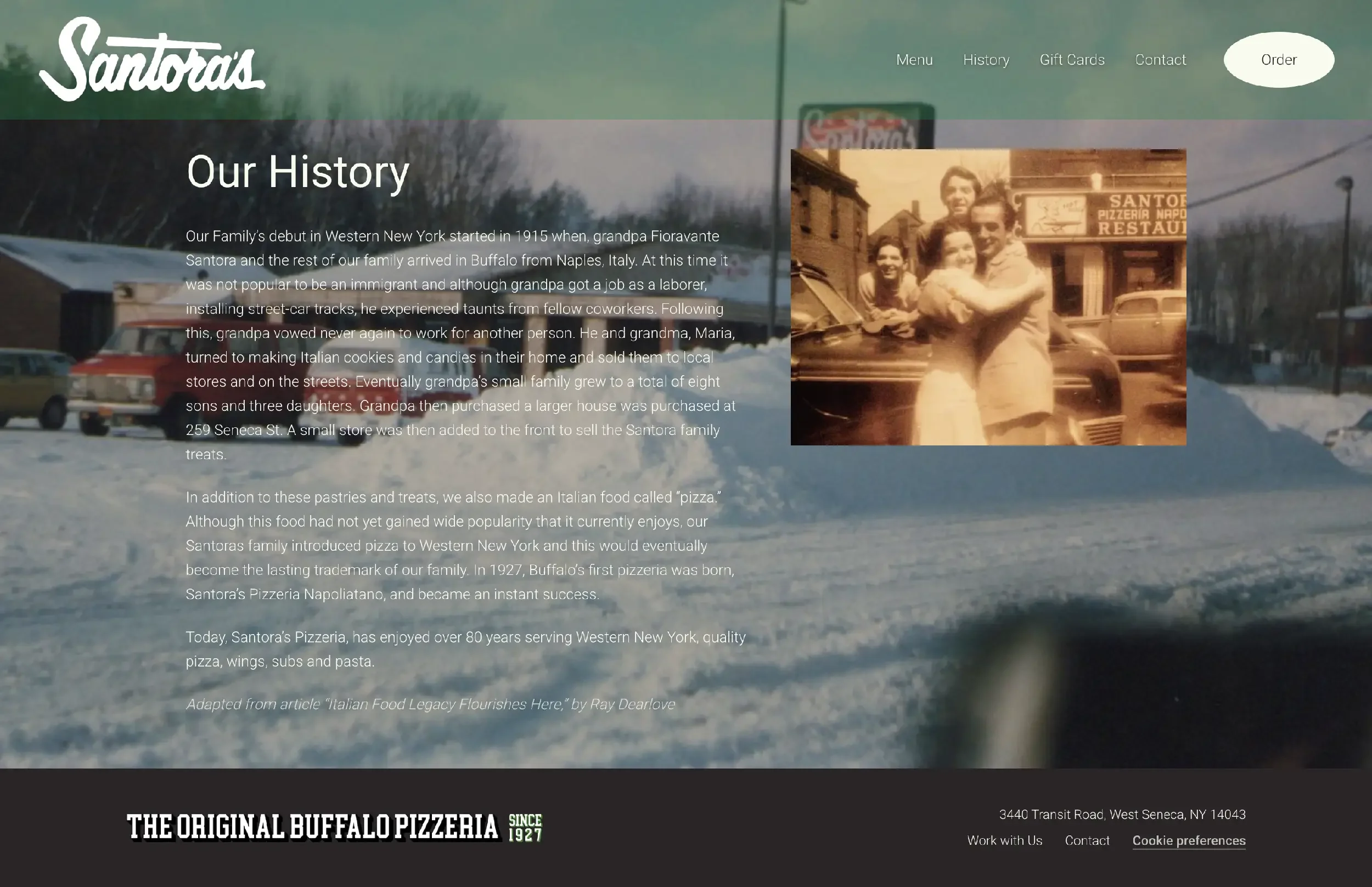 A screenshot of the History page on Santora's old website