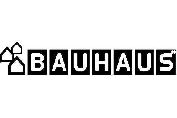 Logo mit dem Schriftzug 'BAUHAUS' und einem geometrischen Design aus Häusern oben links.