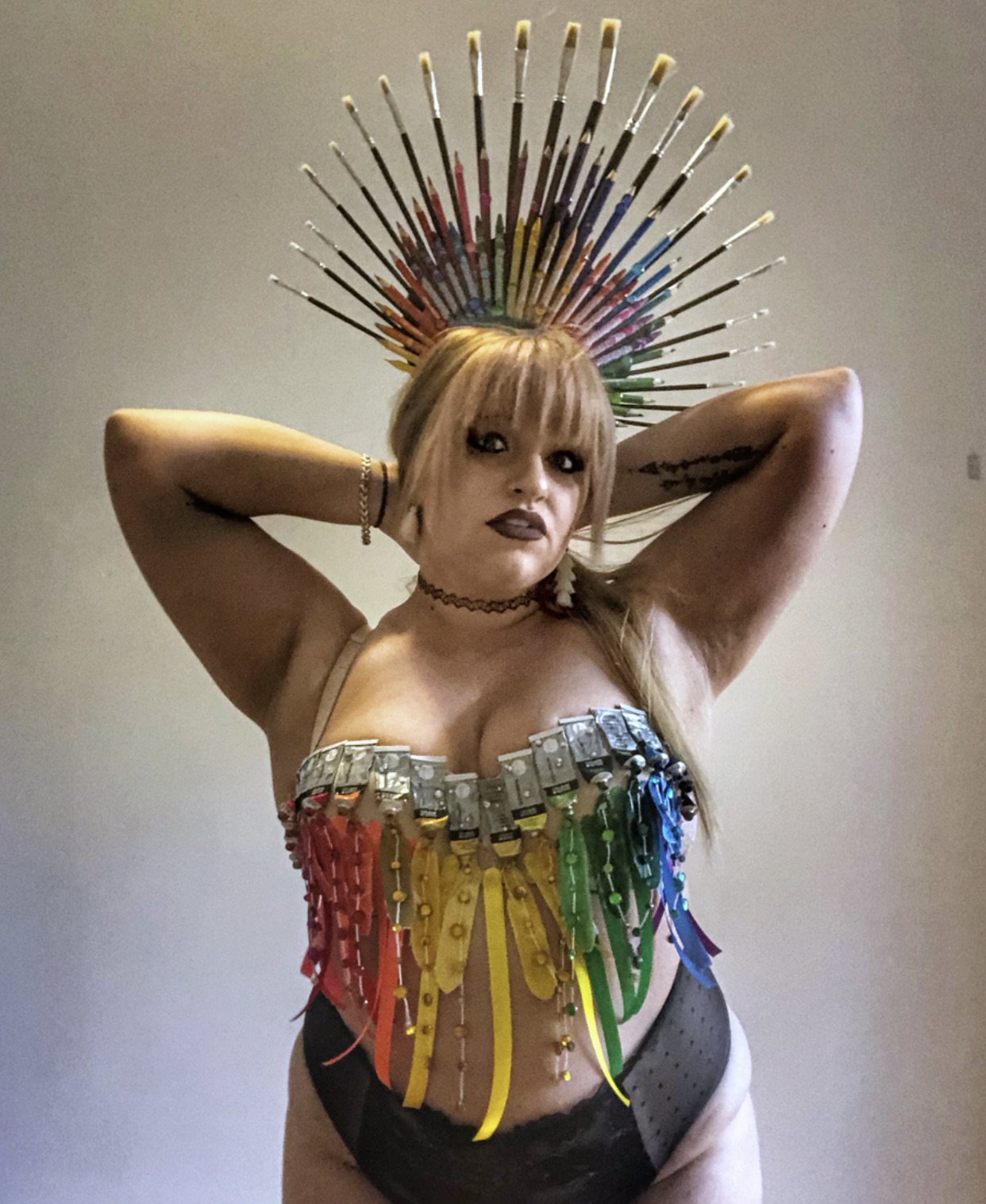 The Painted Lady: Bustier & Headdress - 2021- Recycled Paint Tubes, Paint Bushes, Colored Pencils, Crayons, Rhinestones, Mixed Media