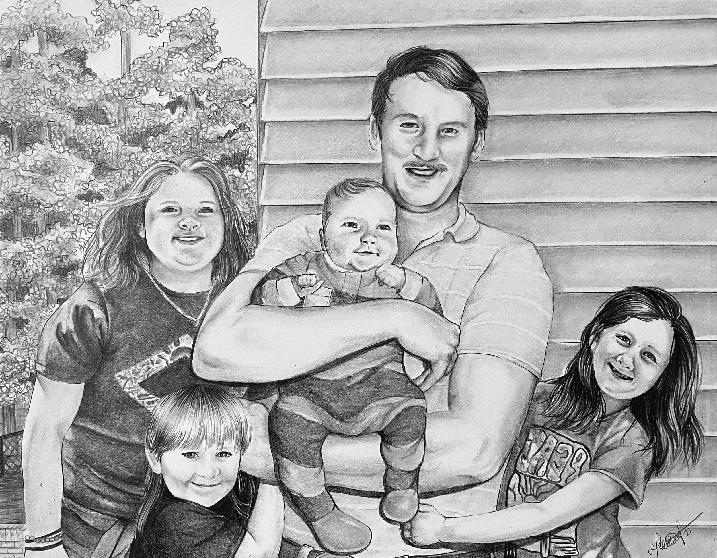 Uncle Kenny & His Grandchildren - 2021 - Graphite on Bristol