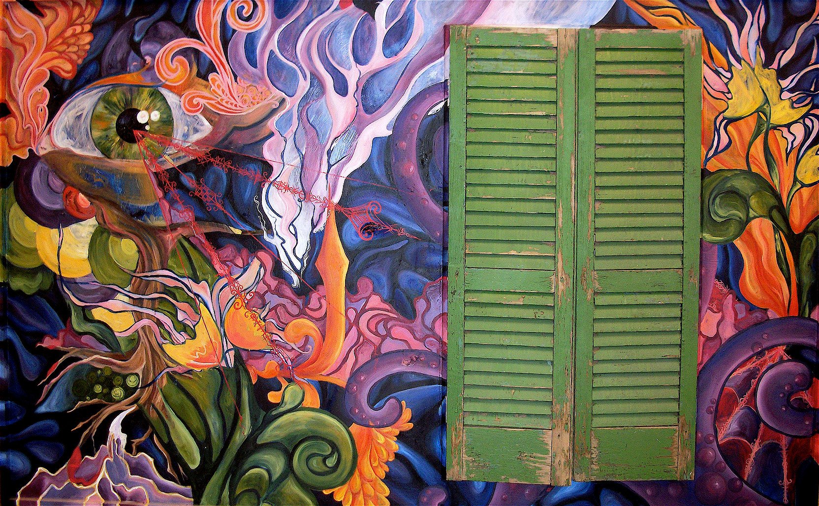 Open Your Eyes - 2011 - Oil on Wood Panel, Window Pane & Shutters, Lighting