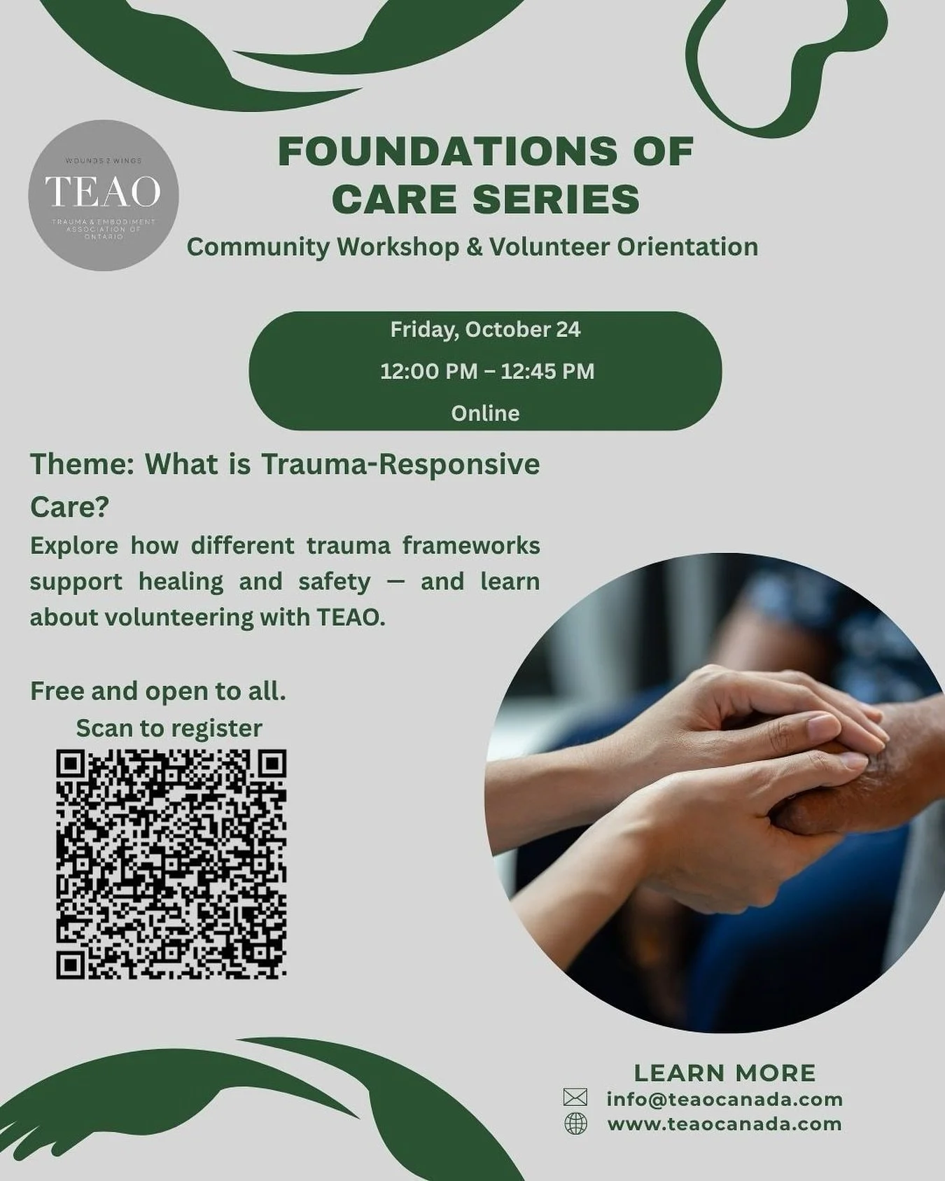 Where Education meets Embodiment. ππΎππΎ♥οΈ
Join TEAO Canada for the launch of our new monthly series, Foundations of Care, a 45-minute workshop and orientation designed for both community members and new volunteers.
Our October session exp