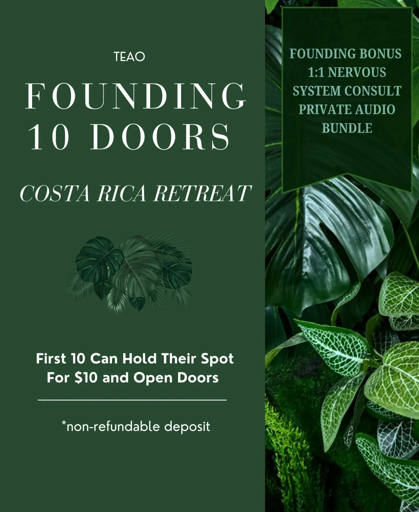 What if securing your place in Costa Rica only cost $10 today?

We are opening 10 Founding Doors for the next Collective Pause Retreat &mdash; and the first ten participants can reserve their space with a $10 deposit &amp; claim your gift 🎁

You ask