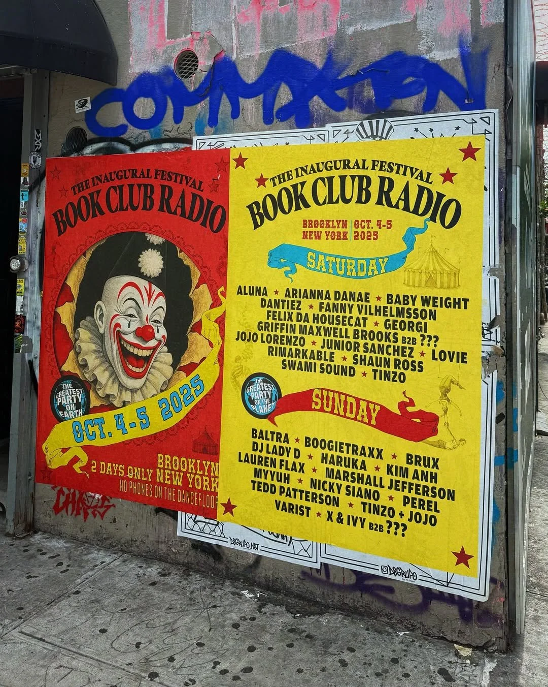 Poster advertising the inaugural Festival Book Club Radio with performances in Brooklyn and New York City on October 4-5, 2025, featuring list of performers for Saturday and Sunday, with a clown illustration and colorful design.