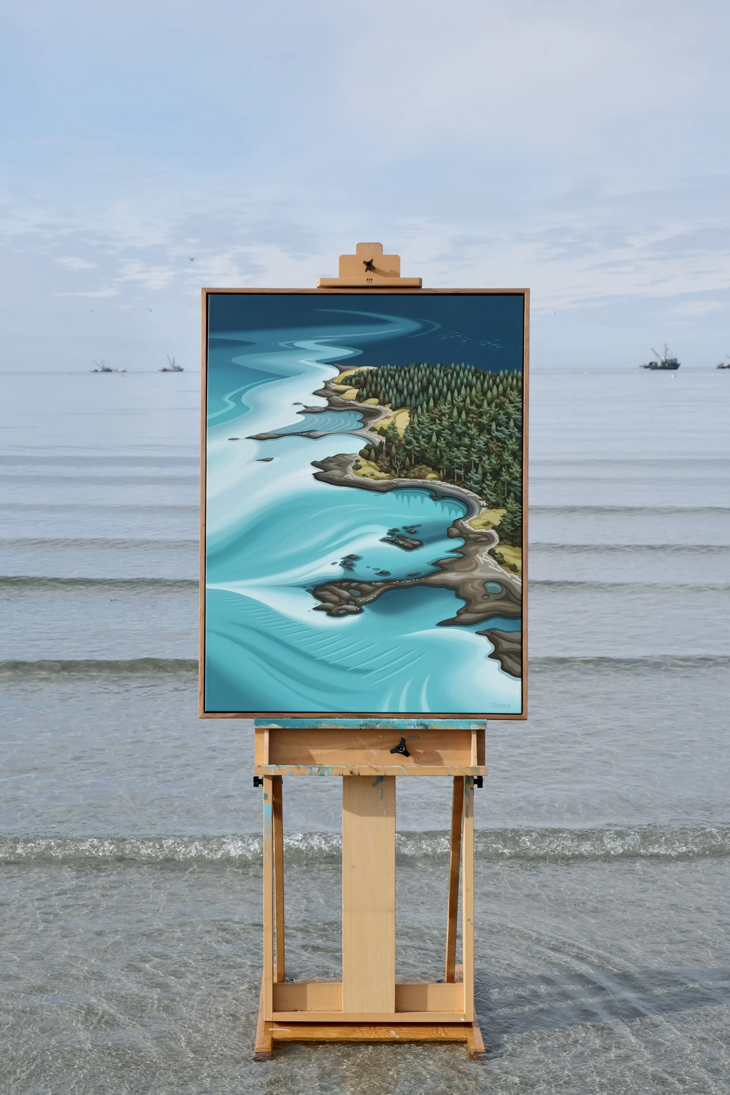 Seminal Moment (30x40"), custom-framed in Western Red Cedar