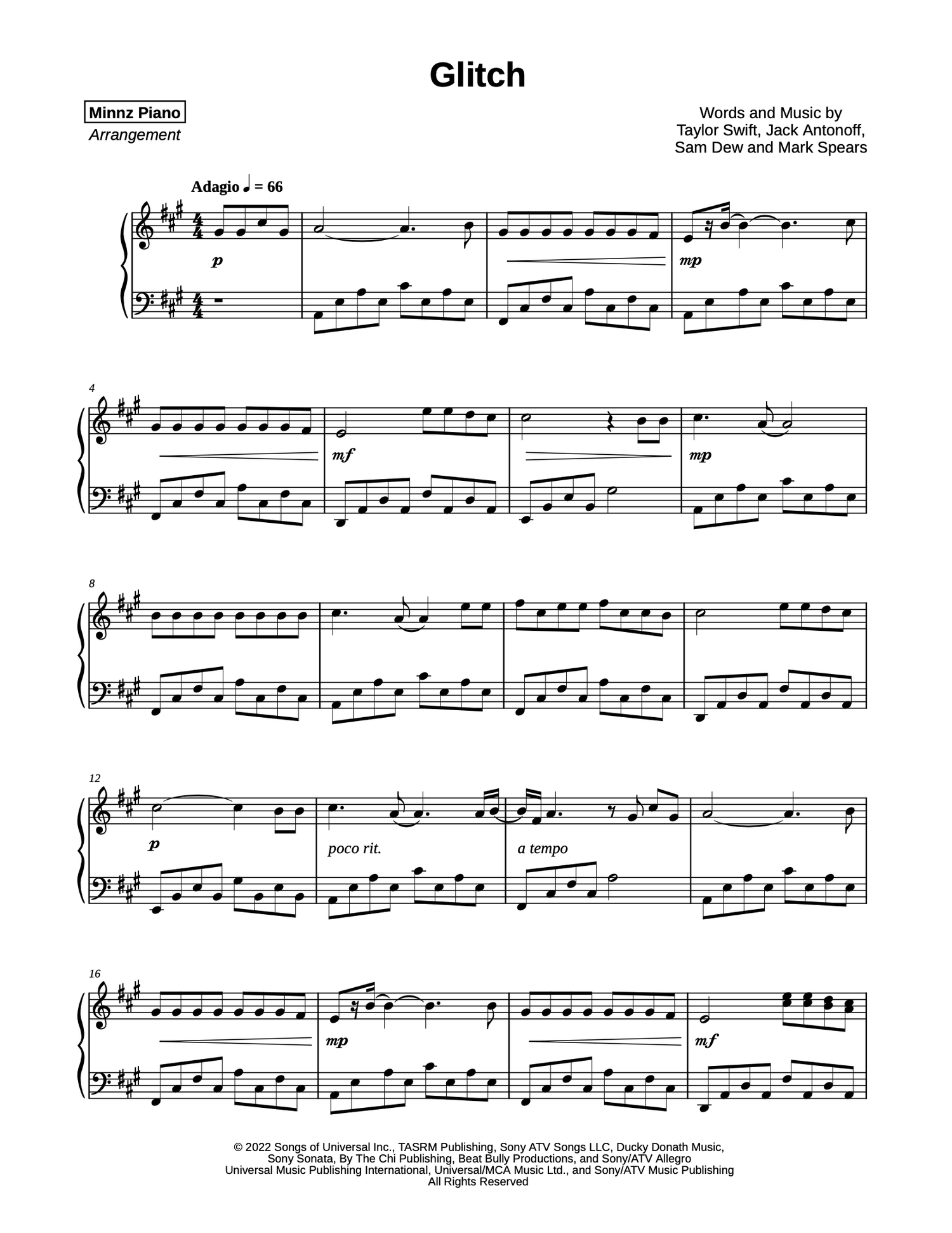 Glitch Sheet Music, Taylor Swift