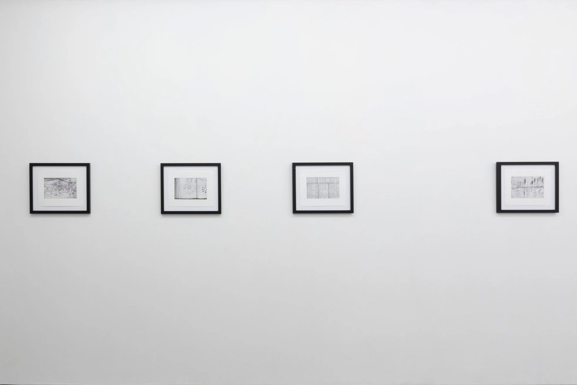 Tia Madden, 'Memborabilia' series, installation view in 'Some Sort of Notation,' Firstdraft, 2024. Ballpoint pen on paper; 35 x 42cm (frame). Photograph: Jessica Maurer