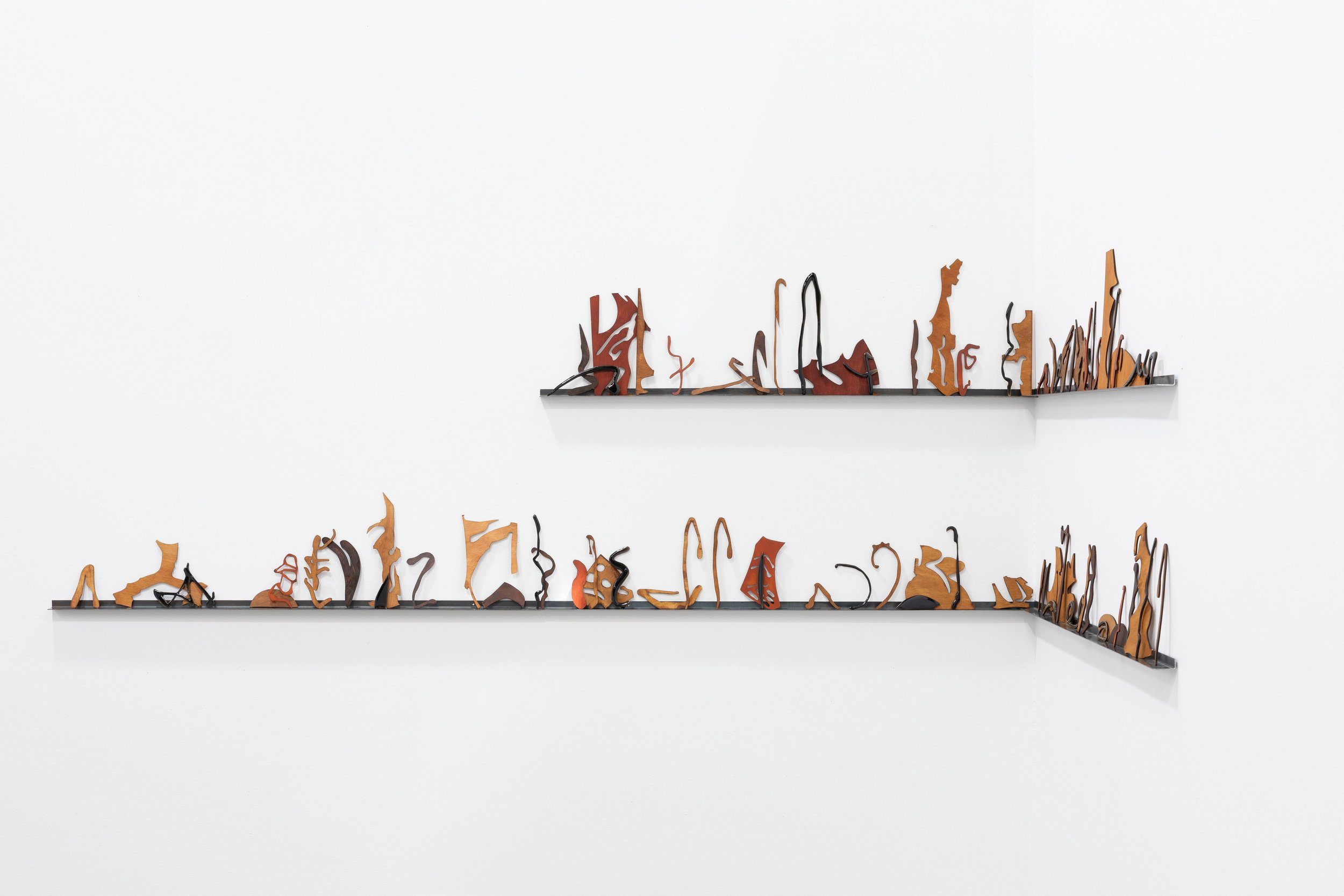 Tia Madden, 'Misreading Misreading,' 2025-2026. Plywood, epoxy, pigment, wood stain, steel shelf. Dimensions variable. Photography: Jessica Maurer