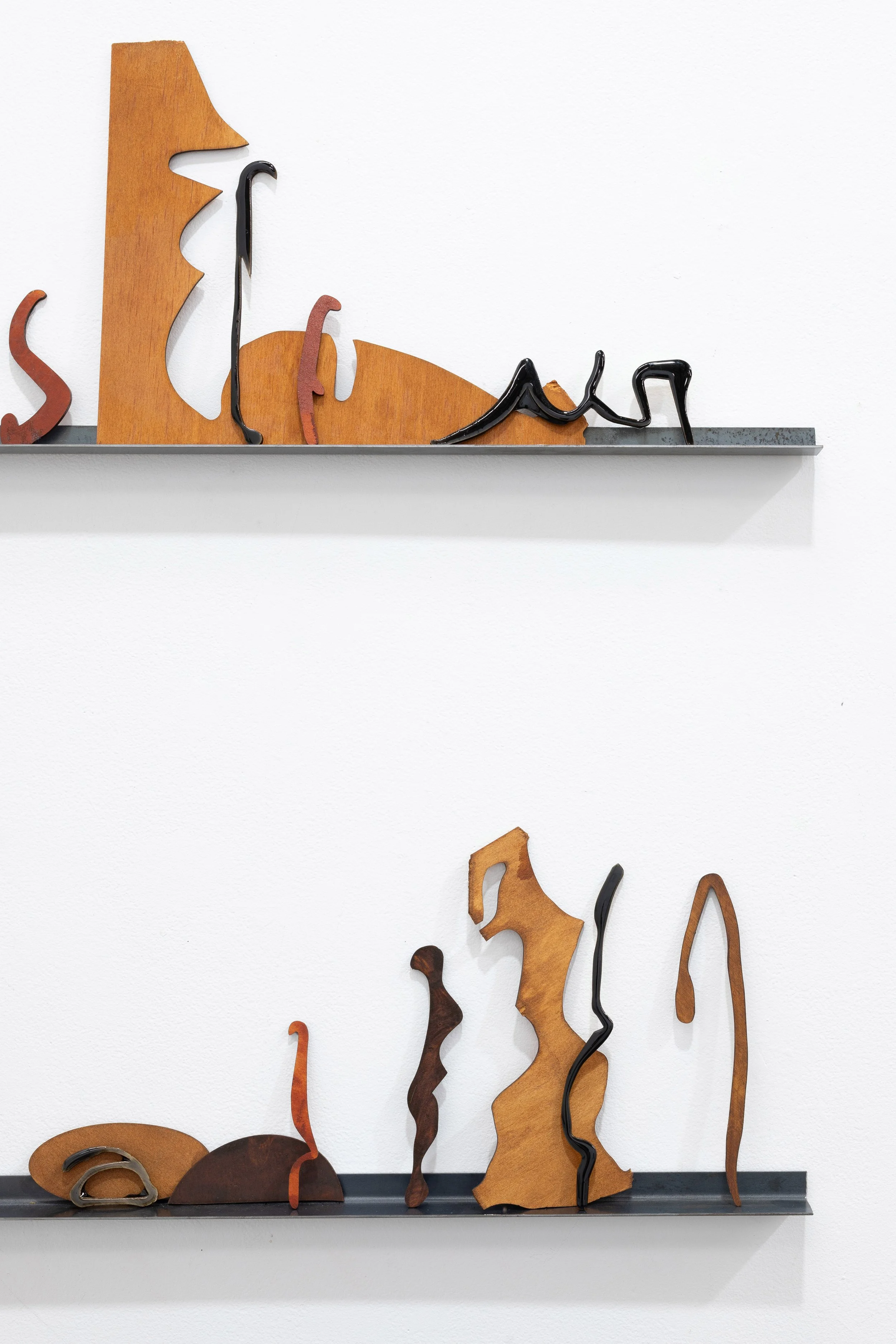 Tia Madden, 'Misreading Misreading,' 2025-2026. Plywood, epoxy, pigment, wood stain, steel shelf. Dimensions variable. Photography: Jessica Maurer