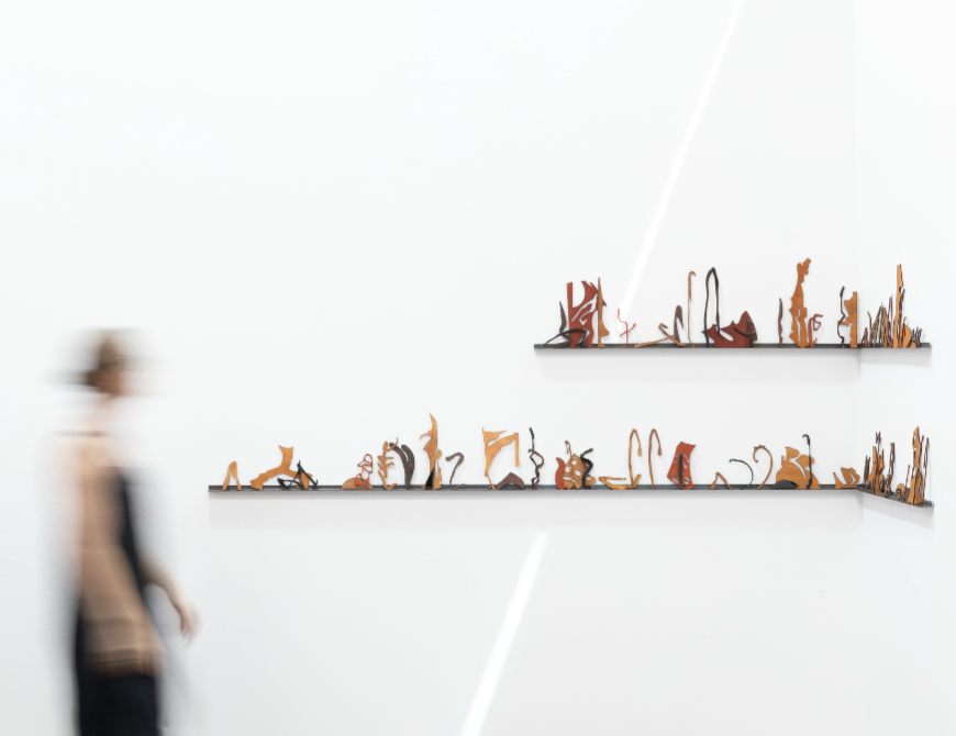 Tia Madden, 'Misreading Misreading,' 2025-2026. Plywood, epoxy, pigment, wood stain, steel shelf. Dimensions variable. Photography: Jessica Maurer