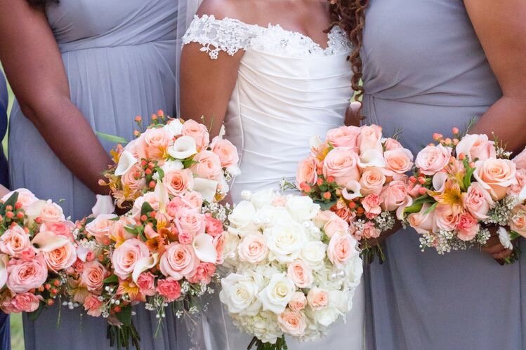 Bridal party florals: Bride’s bouquet of Eskimo roses, Hydrangea, Else Spray Roses and pearl embellishments  .jpeg