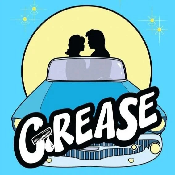 Grease logo. Blue background with the drawing of a hot rod car and silhouettes of a man and a woman with a moon and stars behind them. The word GREASE is across the image.
