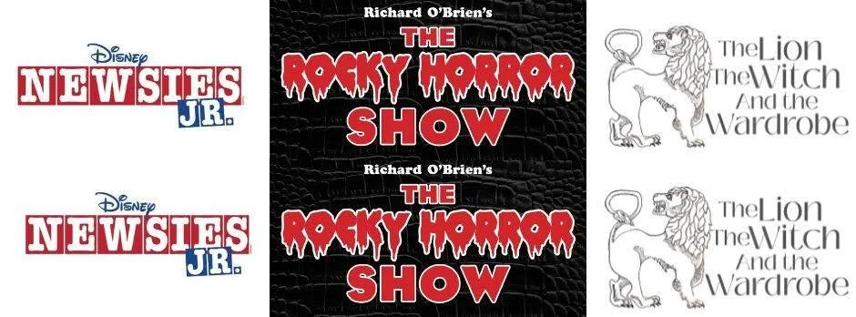 Banner image showing the Newsies logo which reads, 'Disney NEWSIES JR.', a black logo with red text that reads, 'Richard O'Brien's THE ROCKY HORROR SHOW', and a white logo with a drawing of a lion that reads, 'The Lion, The Witch, and the Wardrobe'