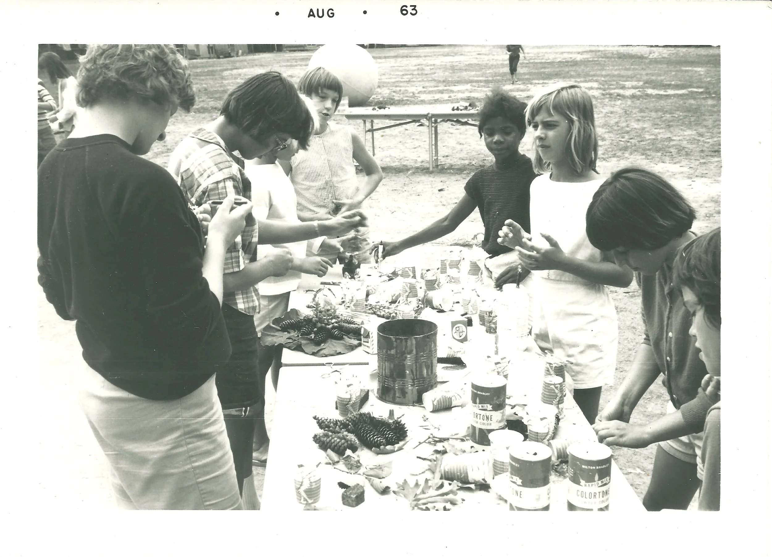 August 1963 - Campers doing crafts outside Alford Lodge