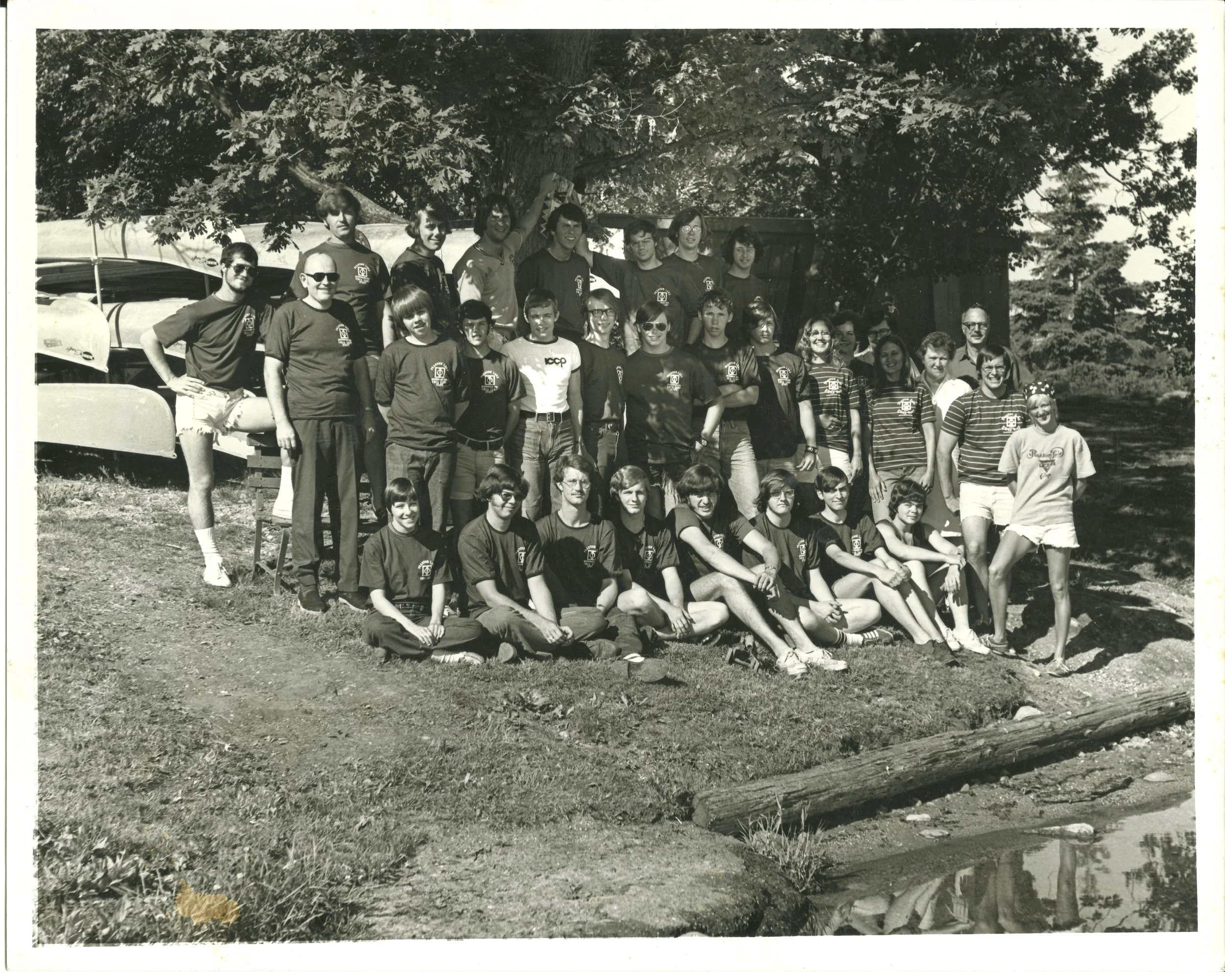 1973 - Staff Photo
(Pictured:
Seated - Bonnie, Darrell Smith, Lucky Halloway, Gary Fishley, Glenn Lidell, Steve Balken, John Nelson, Chuck Lemke;
First Row - Sir G, Doug Adams, Pat Morell, Pekka Raponen, Wes, Rick Assman, Bob Parker, Ron Assman, Mary
