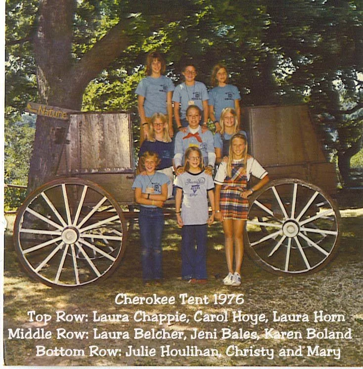 1975 - Cherokee Tent Photo
(Pictured:
Top Row - Laura Chappie, Carol Hoye, Laura Horn;
Middle Row - Laura Belcher, Jeni Bales, Karen Boland;
Bottom Row - Julie Houlihan, Christy and Mary)