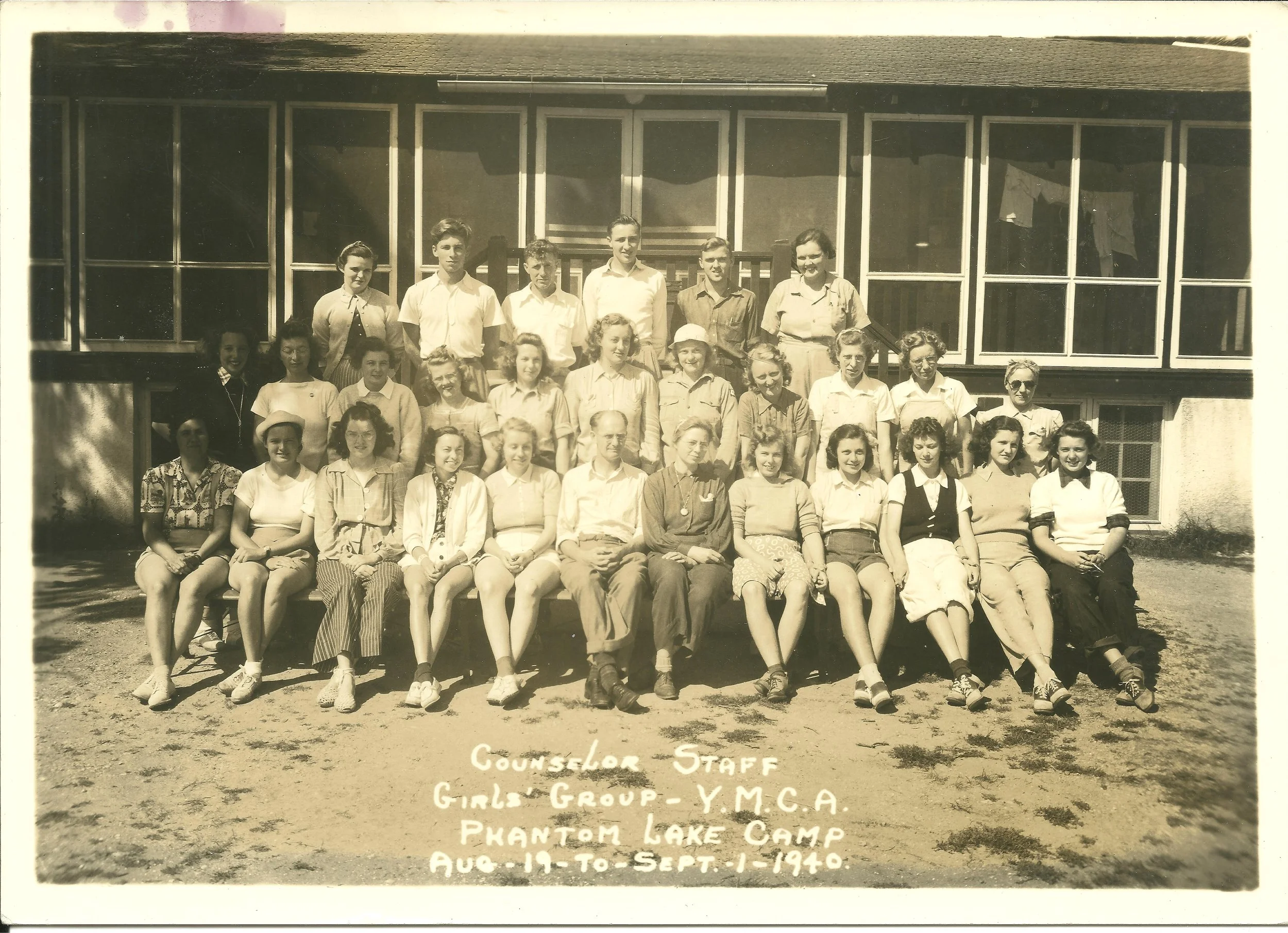August 19-September 1, 1940 - Girls Staff
Pictured: Betty Ryall (Italy), Lloyd Miller (Craft), Ward Corrigan (Waterfront), Ted Creveanna (Banker), Jack Martin (Grounds), Margaret West (Juniors), Joan Weever (Greece), Harriet McDonald (Swim), Phyllis 