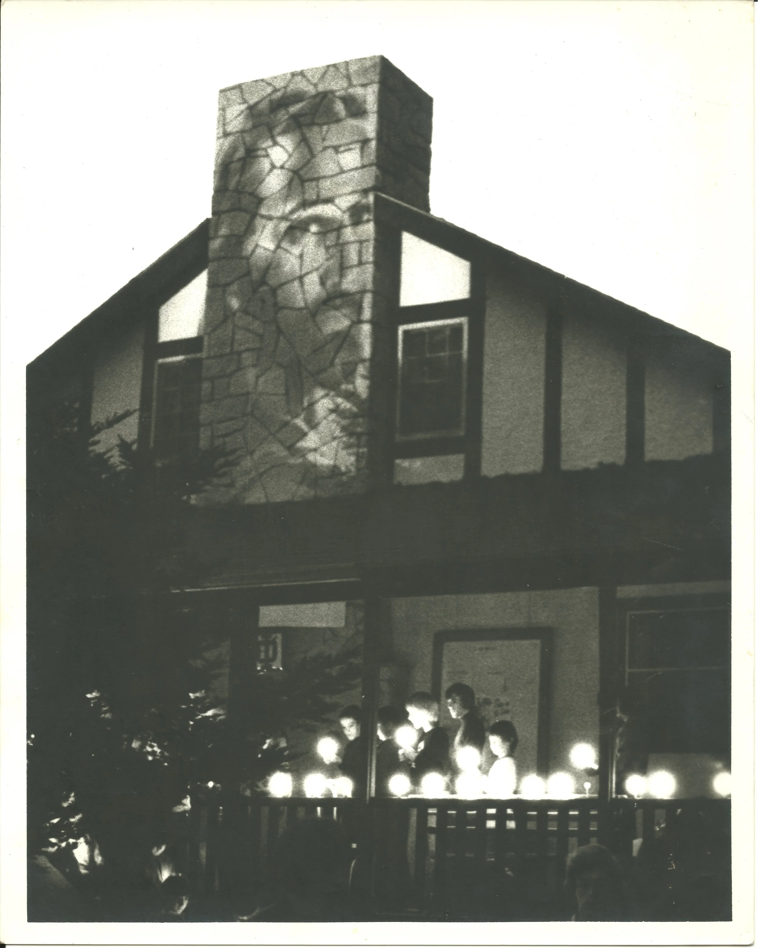 1960s - Campers gather outside of the Alford Lodge after a Square Ceremony