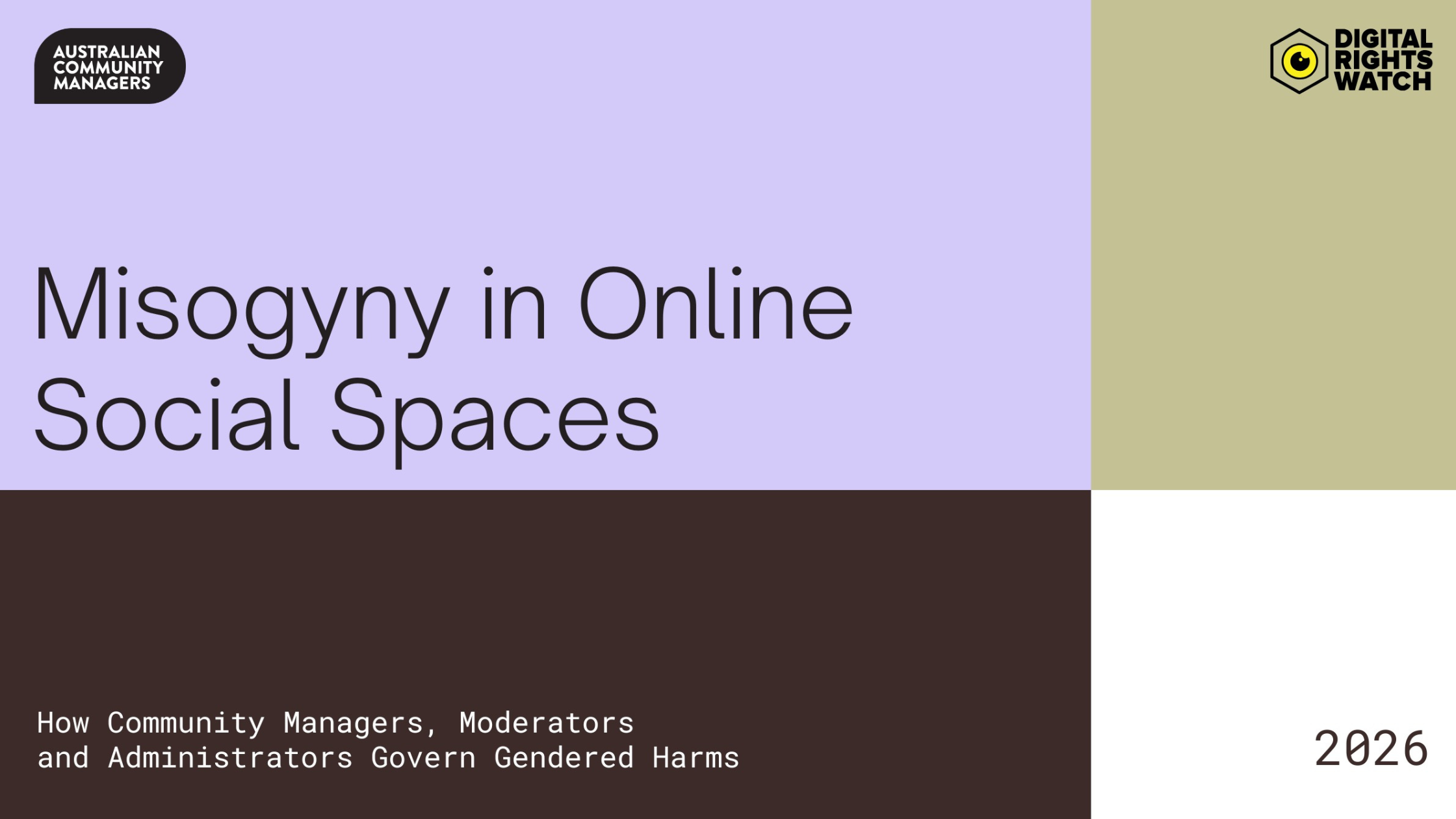 Title slide of a presentation titled 'Misogyny in Online Social Spaces' by Australian Community Managers and Digital Rights Watch, dated 2026.