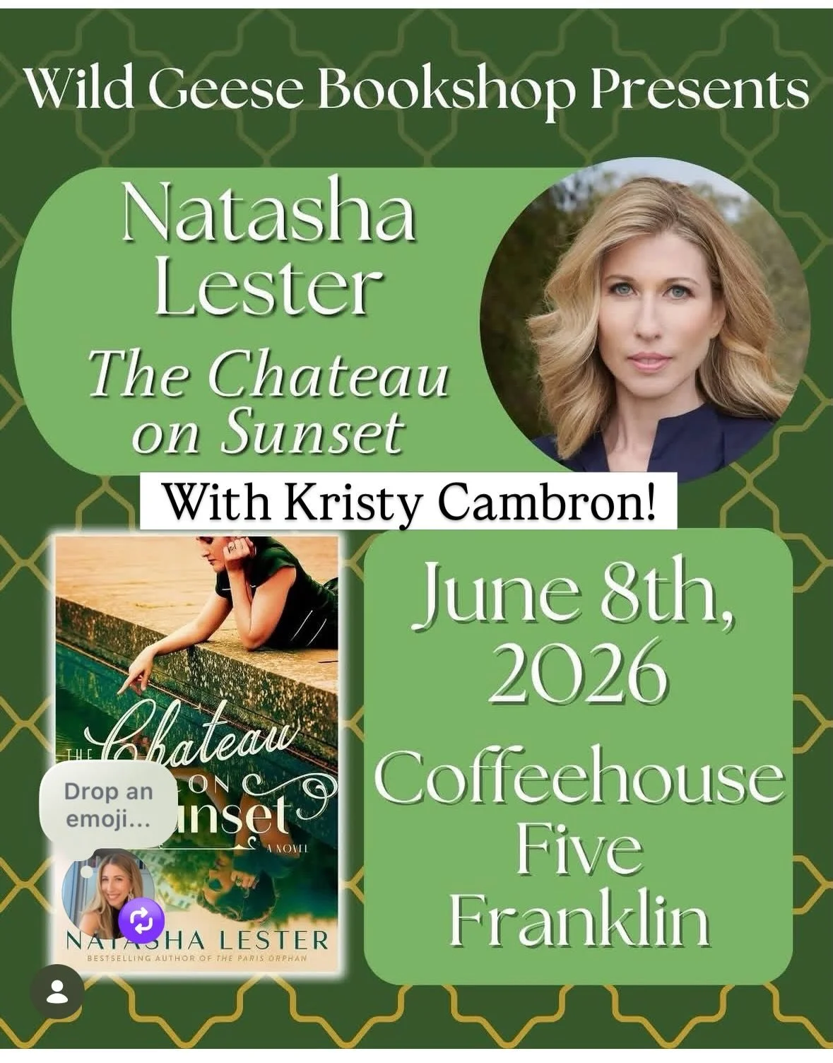 I might be having a relaxing day off today but week 2 of my US book tour for THE CHATEAU ON SUNSET starts tomorrow! Here&rsquo;s where you can find me:

FRANKLIN, IN
💚 June 8, 6.30pm with @wildgeesebookshop at Coffeehouse Five. In conversation with 