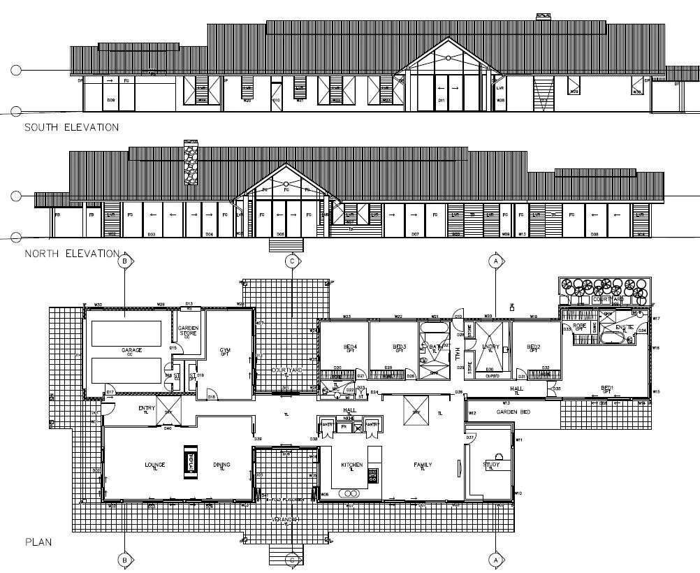 plan & north and south elevations