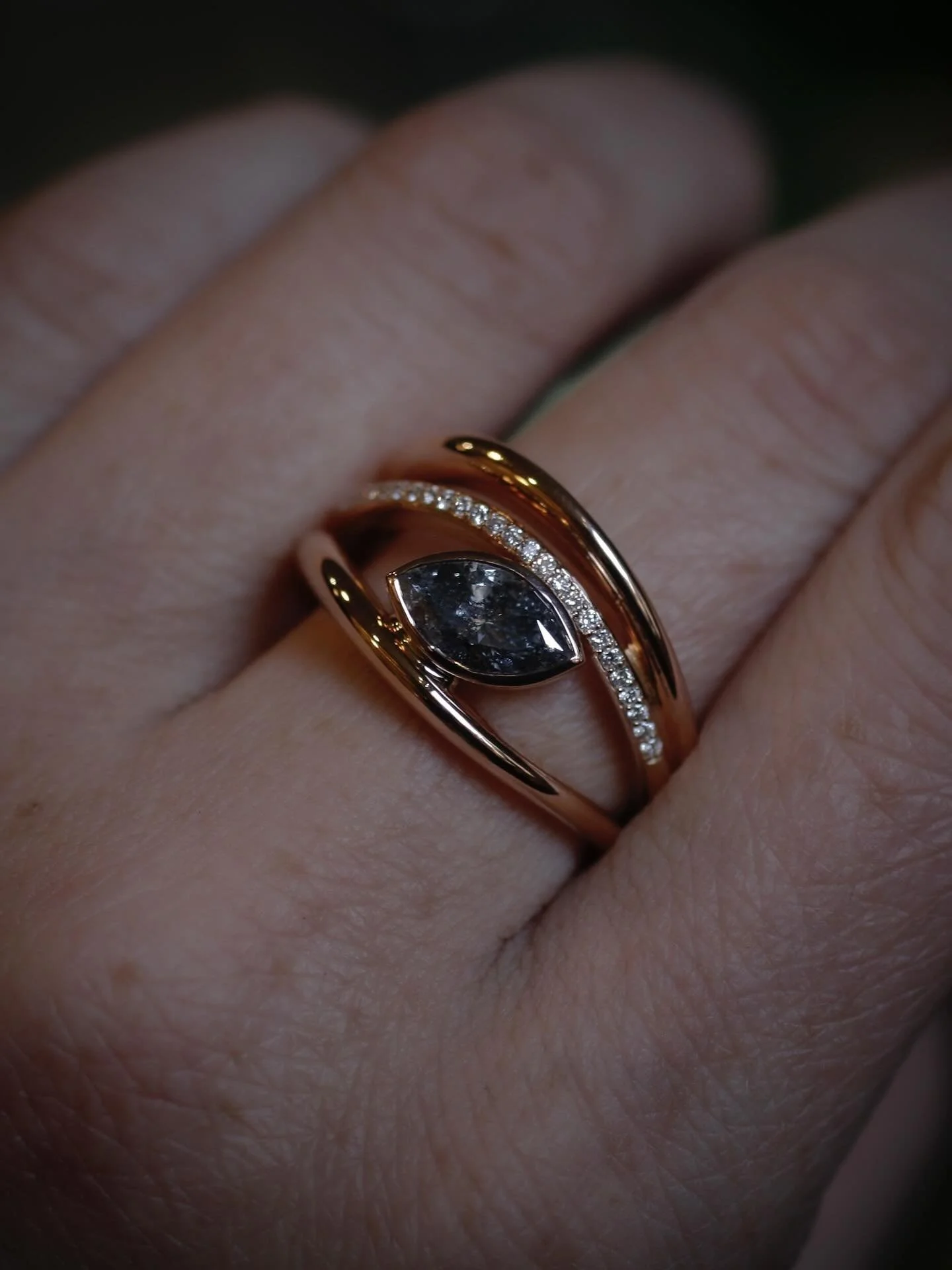 Inspired by our Aquaria ring, she asked us to create a custom rose gold design featuring a marquise salt and pepper diamond she hand-selected, further complemented by white diamonds repurposed from a ring she could longer wear.
*
*
*
*
*
*
#aquaria#f