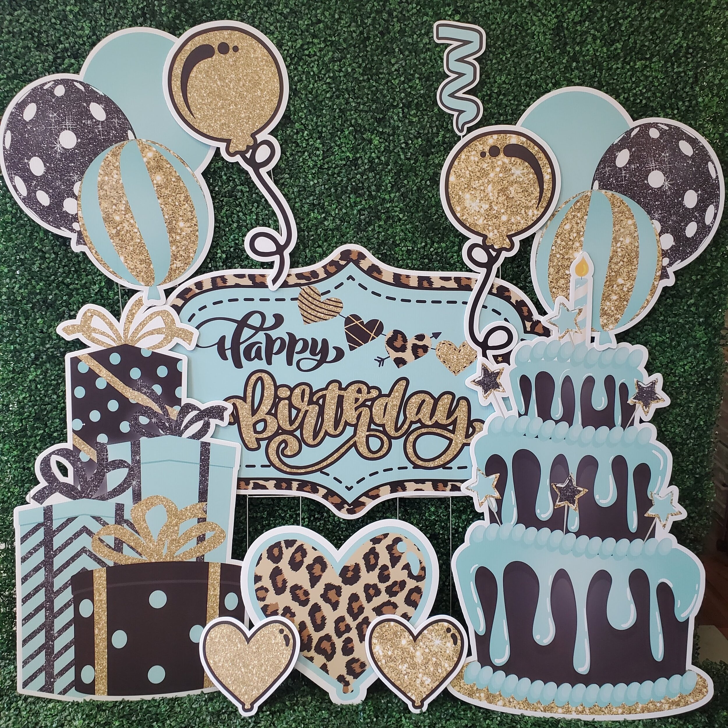 Aqua, Gold Glitter, Leopard Birthday
