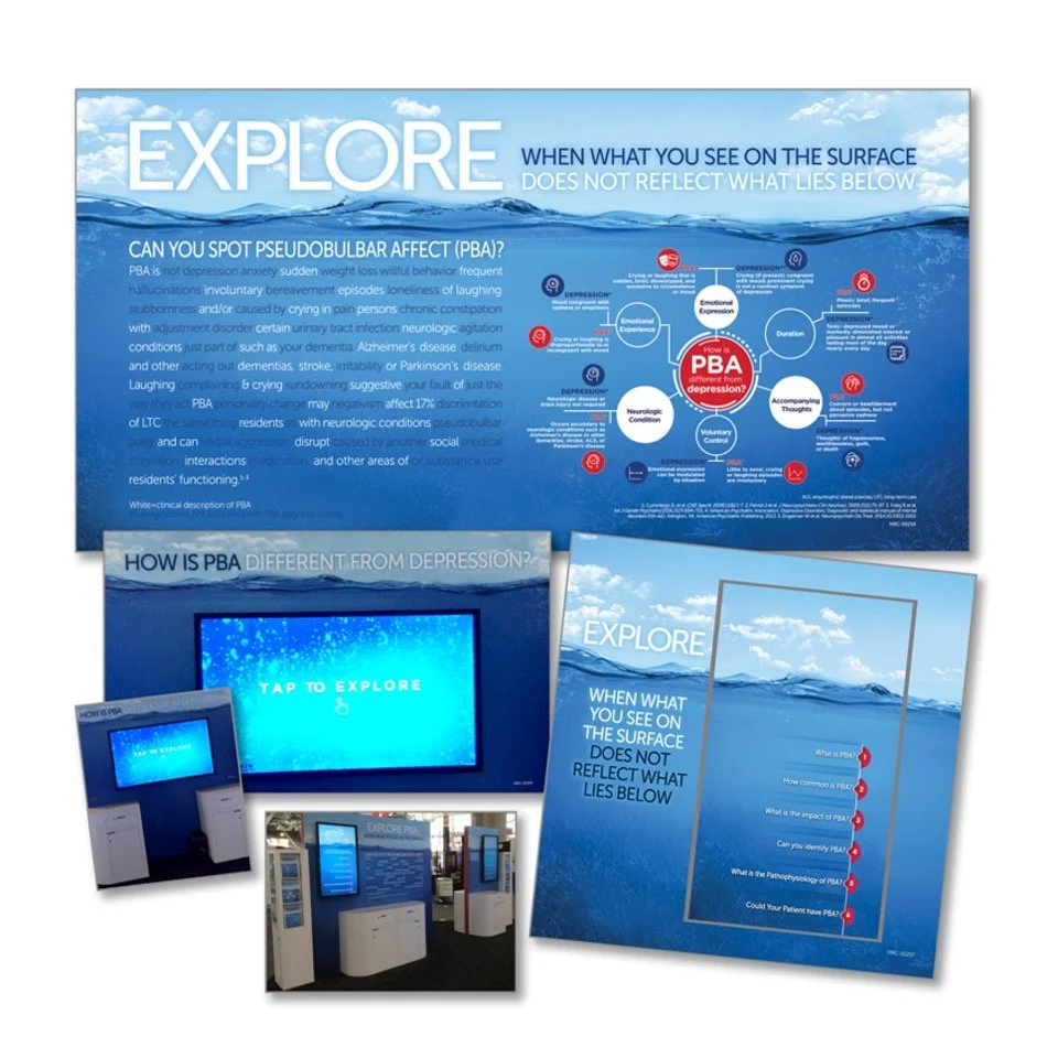 Display panel titled 'Explore' with information about pseudobulbar affect (PBA), including its differences from depression and related neurological conditions, with smaller images showing an interactive screen and exhibit at a museum or science cente