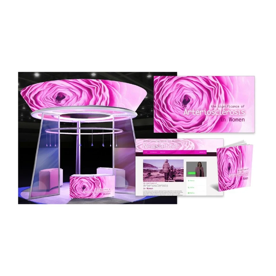 Exhibition booth with pink floral-themed banners and informational panels about arteriosclerosis in women.