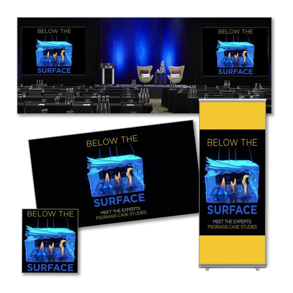 An event stage setup with two screens and a banner displaying a graphic of icy surface with the text "Below the Surface" and "Meet the Experts: Psoriasis Case Studies".