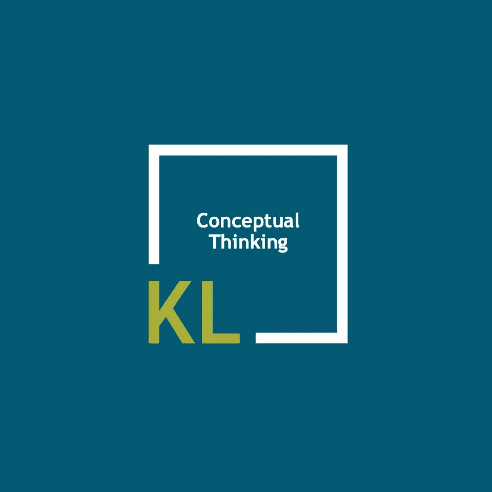 Logo with the words 'Conceptual Thinking' inside a white square outline, and the initials 'KL' in large green letters outside the square, set against a dark teal background.