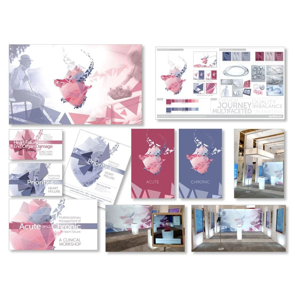 Set of graphics and photographs from a medical workshop on heart failure, featuring abstract heart illustrations, presentation slides, and exhibition displays.