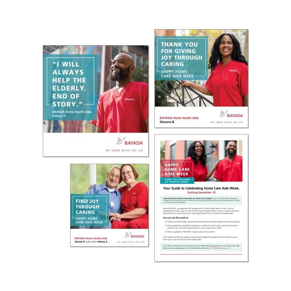 Set of four banners celebrating Home Care Aide Week, featuring diverse caregivers and elderly clients, with messages of kindness, joy, and support for elderly care.