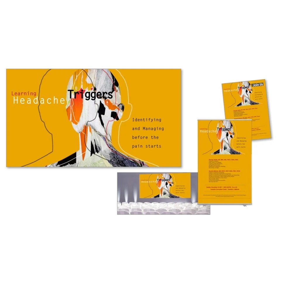 Marketing materials, including a large banner, flyers, and a brochure, promoting a headache triggers seminar with an abstract illustration of a person's head and brain in orange, black, and white colors.
