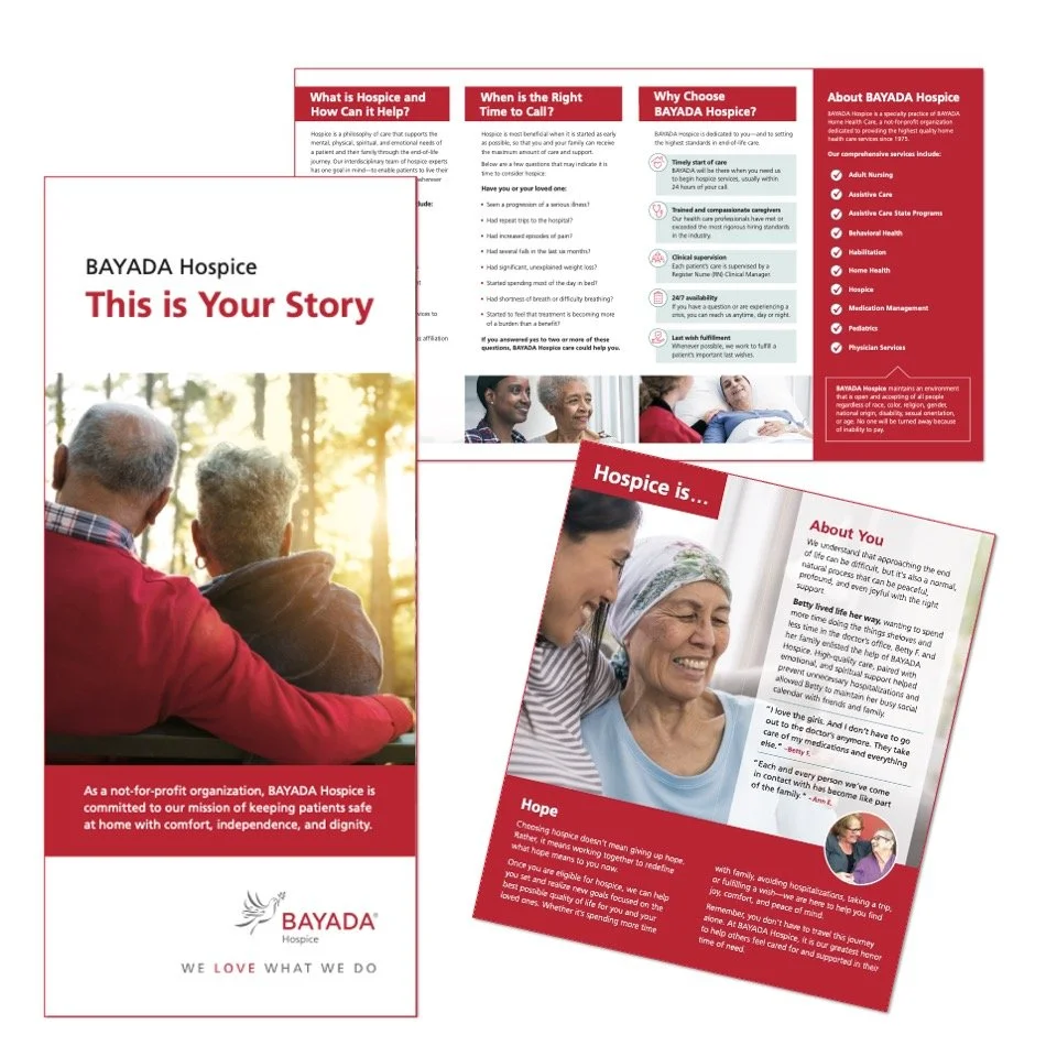 Informational brochure for BAYADA Hospice featuring images of elderly people, staff, and care-related scenes, with sections explaining hospice care benefits, services, and patient stories.