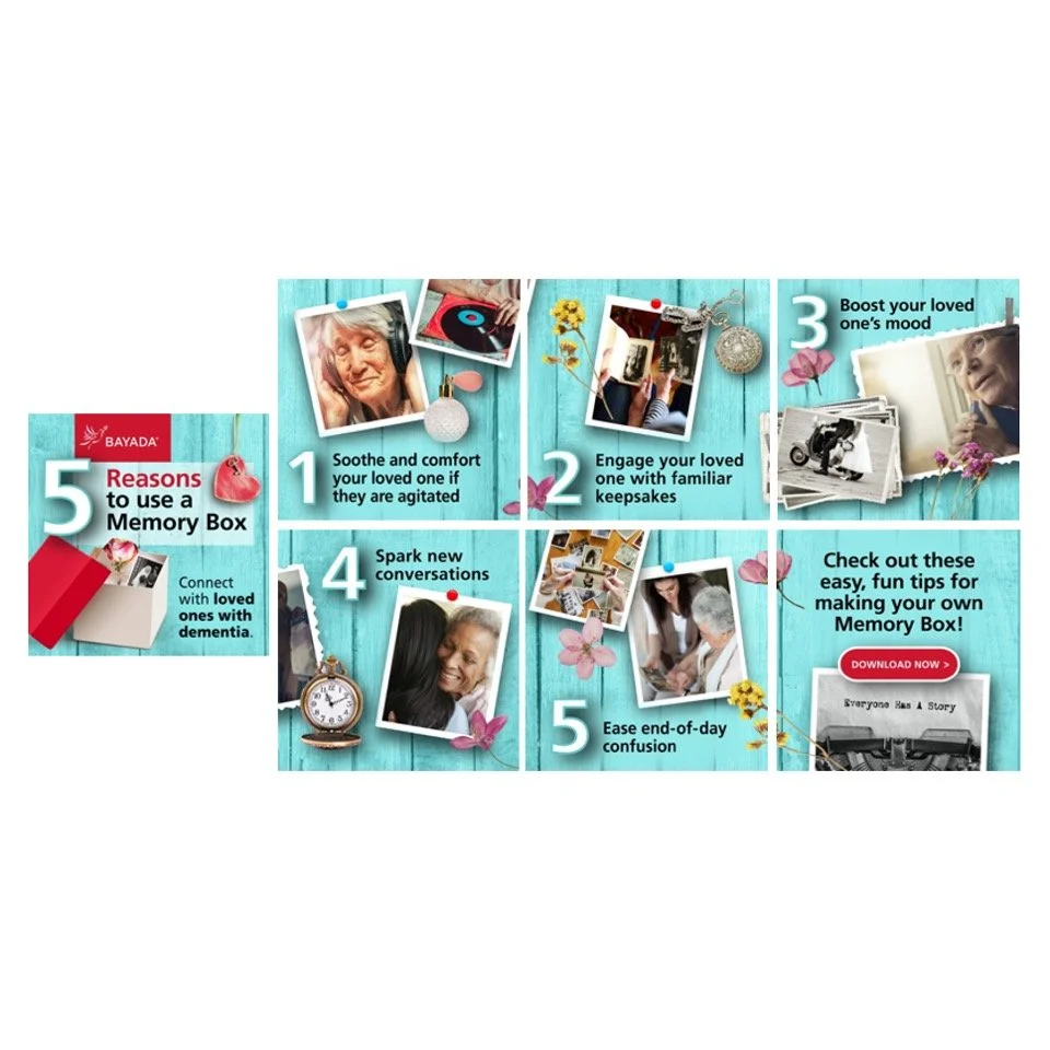 Infographic with tips for using a memory box, featuring numbered steps with photos of elderly people, keepsakes, and decorative items on a blue wooden background. Includes instructions and a call-to-action to download a guide.