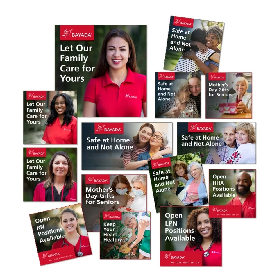 Collection of Bayada promotional flyers featuring diverse women, seniors, and healthcare workers with messages about family care, home safety, and healthcare job opportunities.