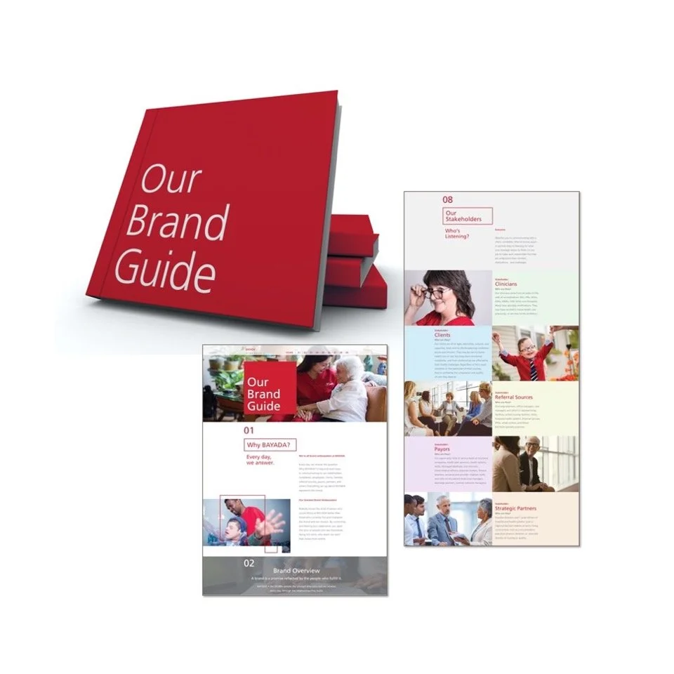 Red booklet titled 'Our Brand Guide' with colorful PDF pages featuring images of people, text sections, and headings related to brand information.