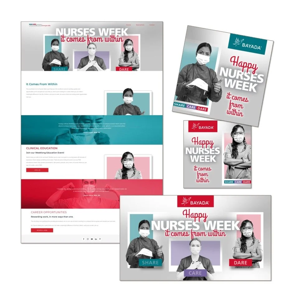 Collection of nurses week promotional posters and website layouts featuring black and white images of nurses wearing masks, with messages celebrating nurses and emphasizing themes of sharing, caring, and daring.