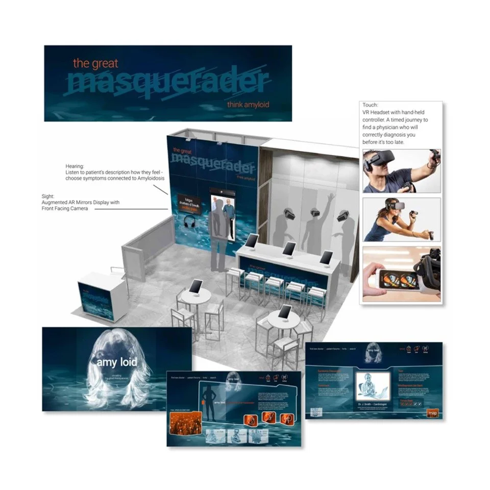 Exhibit booth for the 'Great Maskerader' with information about Amy Loid, including virtual reality headsets for diagnosis, Augmented Reality mirrors, and educational displays.