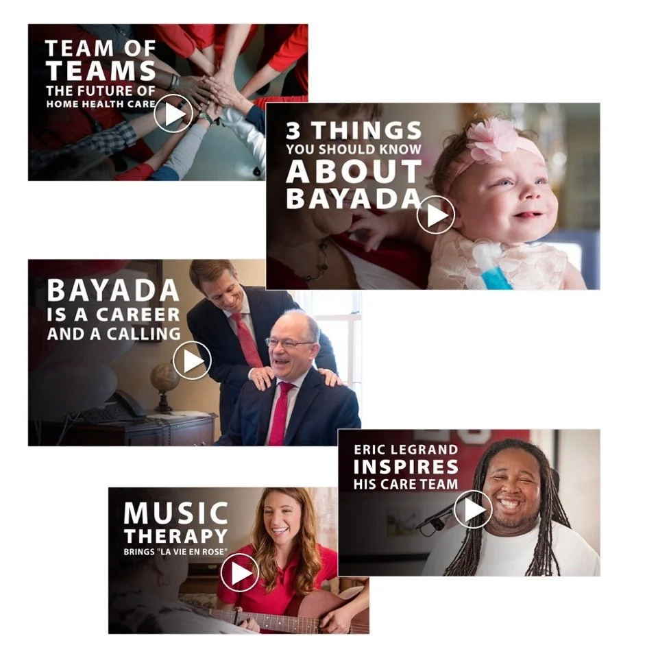 Collage of five images with text overlays promoting healthcare careers and therapy. The top left shows hands stacked in a group with the text 'Team of Teams, The Future of Home Healthcare.' The top right features a smiling baby with the text '3 Thing