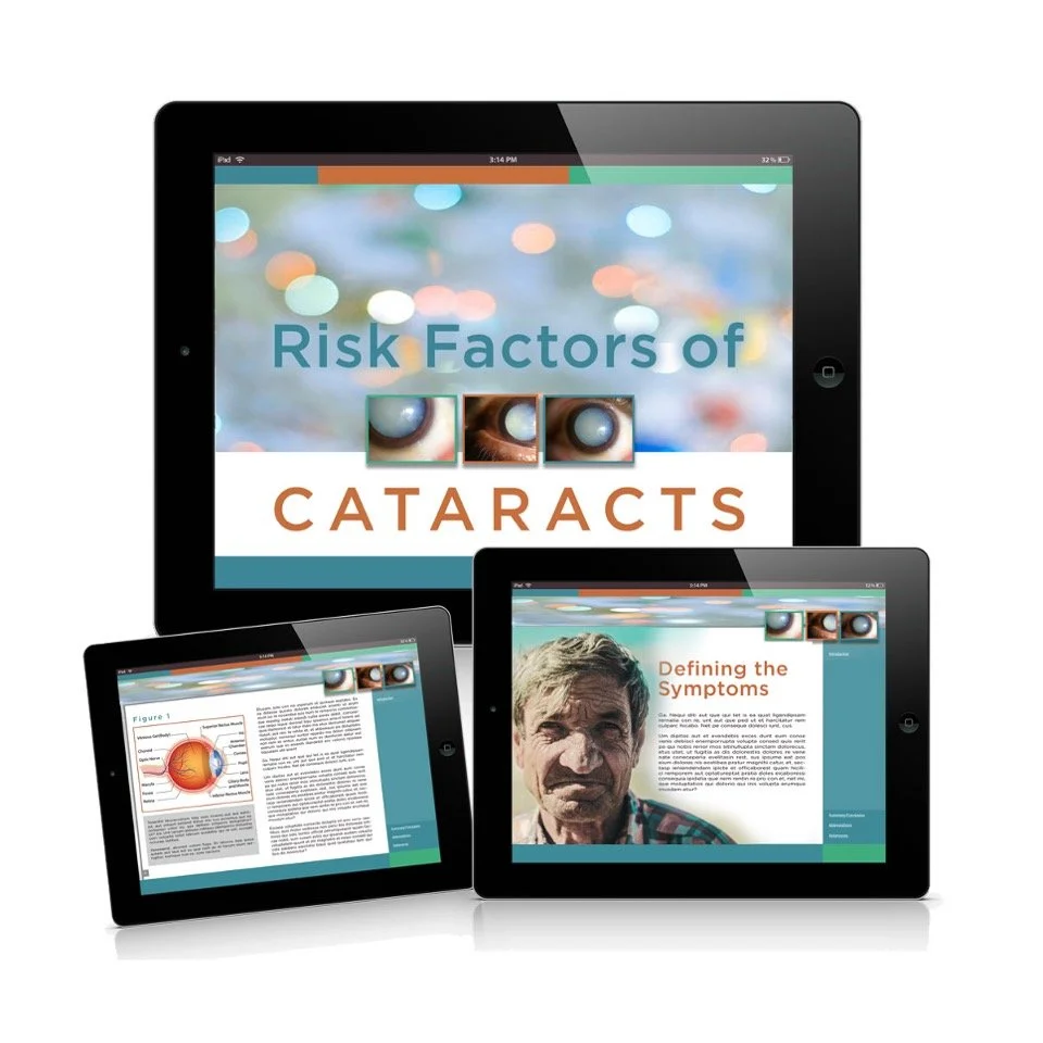 Digital tablets displaying information about risk factors of cataracts, including diagrams, text, and a photograph of an elderly man.