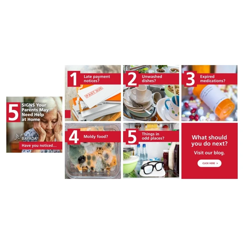A collage of five photos with labels indicating concerns about home safety and maintenance, including late payment notices, unwashed dishes, expired medications, moldy food, and objects in odd places. Text on the right asks "What should you do next?