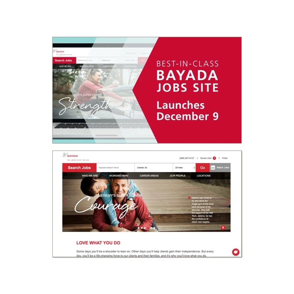 Announcement of the launch of the Bayada Jobs website on December 9, with images of people working and engaging in the community.