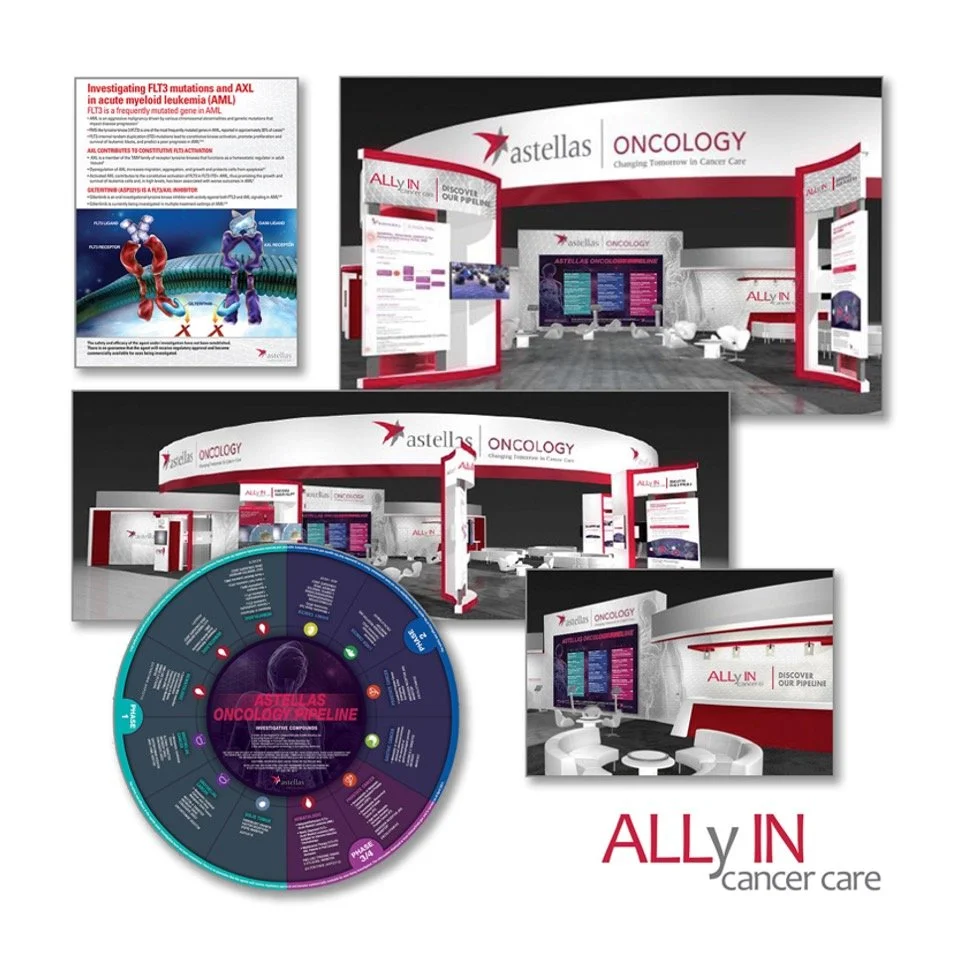 Exhibition booth for Astellas Oncology with displays, informational panels, and seating areas focused on cancer care and research.